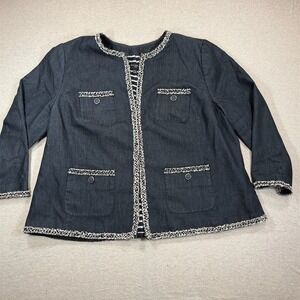 Talbots Blazer Womens Plus Size 18W Gray Fringe Trim Open Front Jacket